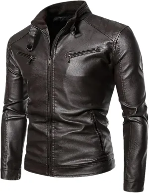 Mens Winter Leather Jacket Casual Stand Collar Solid Tight Zipper PU Jacket Black Motorcycle Leather Jacket