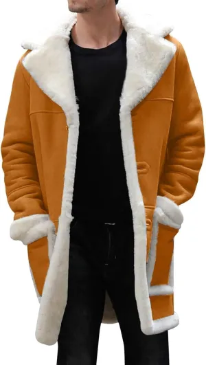 Mens Winter Warm Fur Collar Long Trench Coats Casual Sherpa Fleece Lined Jackets Big and Tall Outwears Pockets