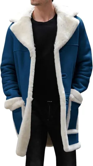 Mens Winter Warm Fur Collar Long Trench Coats Casual Sherpa Fleece Lined Jackets Big and Tall Outwears Pockets