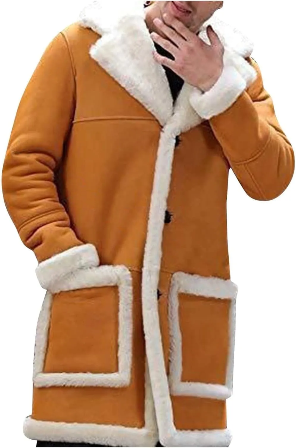 Mens Winter Warm Fur Collar Long Trench Coats Casual Sherpa Fleece Lined Jackets Big and Tall Outwears Pockets