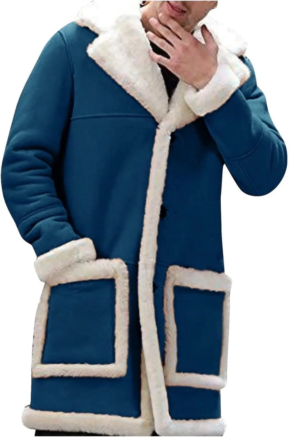 Mens Winter Warm Fur Collar Long Trench Coats Casual Sherpa Fleece Lined Jackets Big and Tall Outwears Pockets