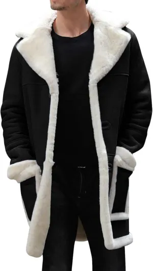 Mens Winter Warm Fur Collar Long Trench Coats Casual Sherpa Fleece Lined Jackets Big and Tall Outwears Pockets