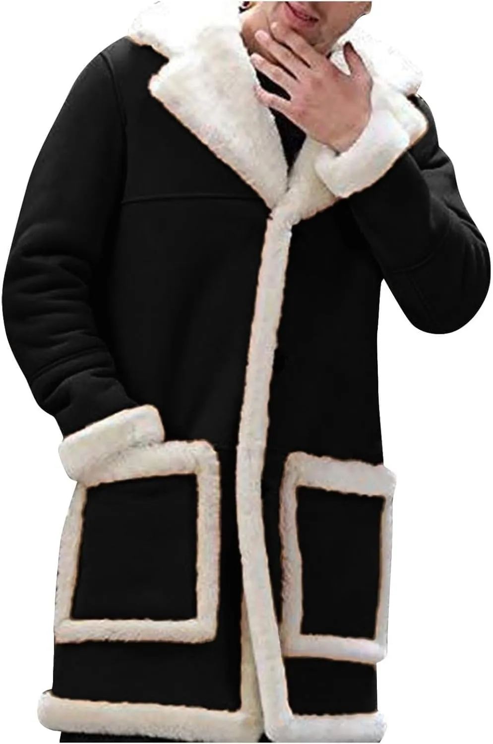 Mens Winter Warm Fur Collar Long Trench Coats Casual Sherpa Fleece Lined Jackets Big and Tall Outwears Pockets