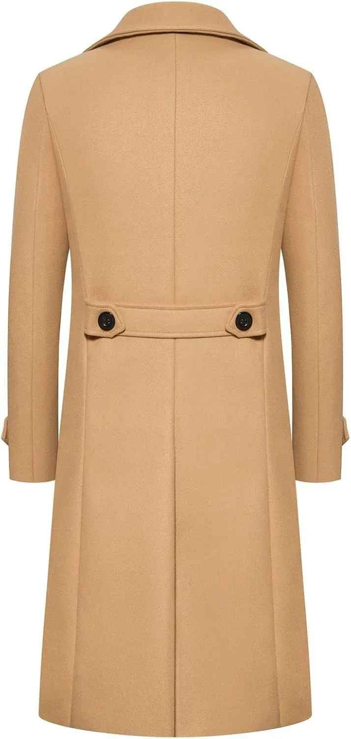 Men's Woolen Trench Coat 2025 Regular Fit Double Breasted Wool Blend Jacket Winter Pea Coat Business Overcoat