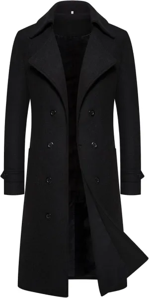 Men's Woolen Trench Coat 2025 Regular Fit Double Breasted Wool Blend Jacket Winter Pea Coat Business Overcoat