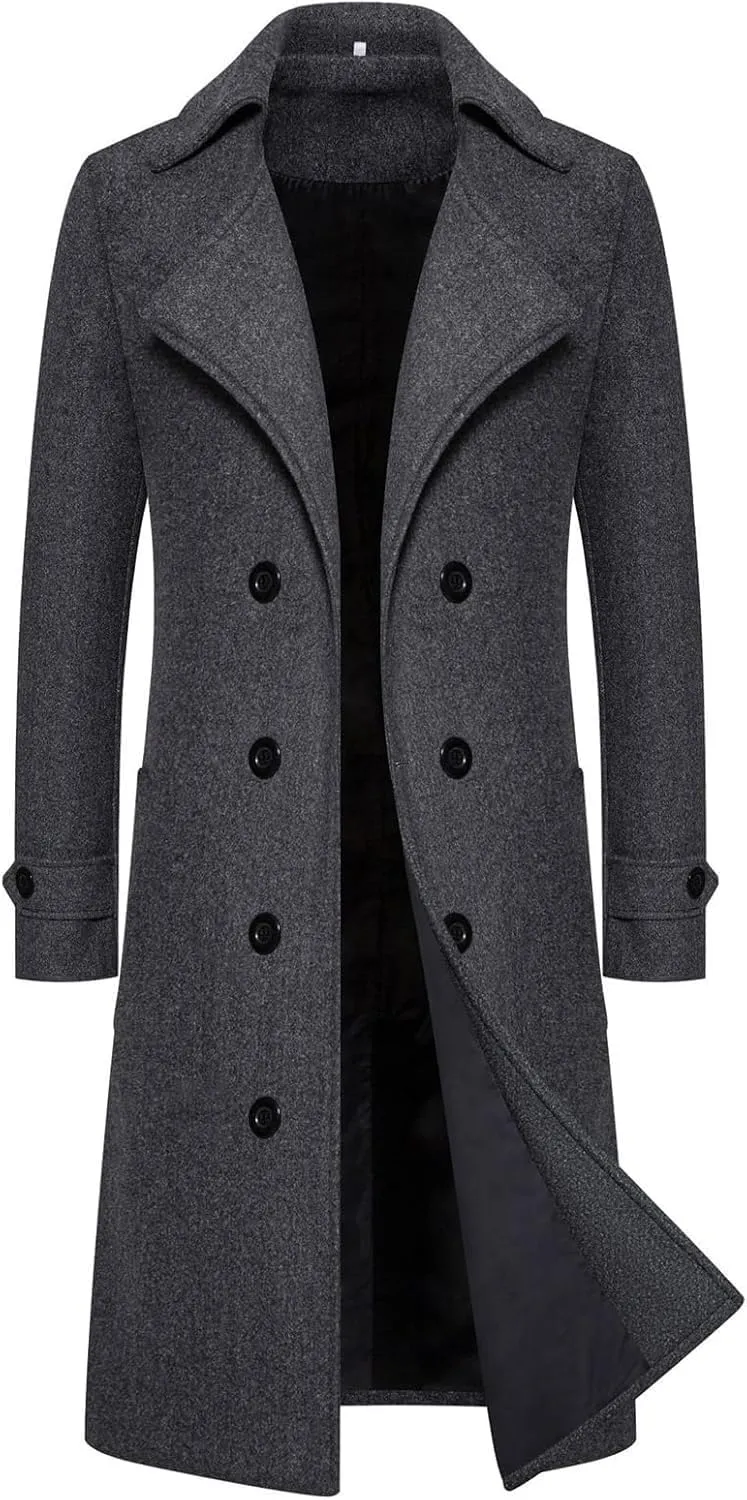 Men's Woolen Trench Coat 2025 Regular Fit Double Breasted Wool Blend Jacket Winter Pea Coat Business Overcoat