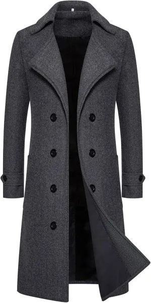 Men's Woolen Trench Coat 2025 Regular Fit Double Breasted Wool Blend Jacket Winter Pea Coat Business Overcoat