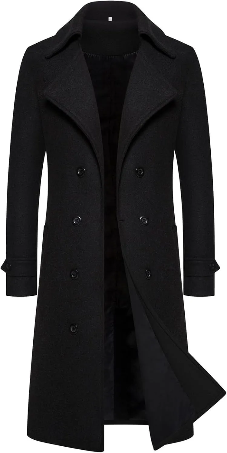Men's Woolen Trench Coat 2025 Regular Fit Double Breasted Wool Blend Jacket Winter Pea Coat Business Overcoat