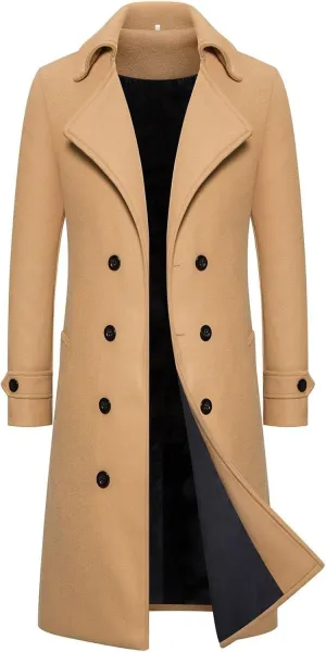 Men's Woolen Trench Coat 2025 Regular Fit Double Breasted Wool Blend Jacket Winter Pea Coat Business Overcoat