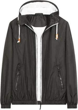 Mens Zip Up Jackets Hooded Waterproof Retro Windbreakers Loose Coats Fashion Lapel Color Block Clothes with Pocket