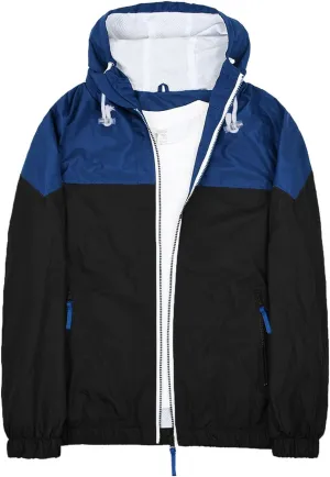 Mens Zip Up Jackets Hooded Waterproof Retro Windbreakers Loose Coats Fashion Lapel Color Block Clothes with Pocket