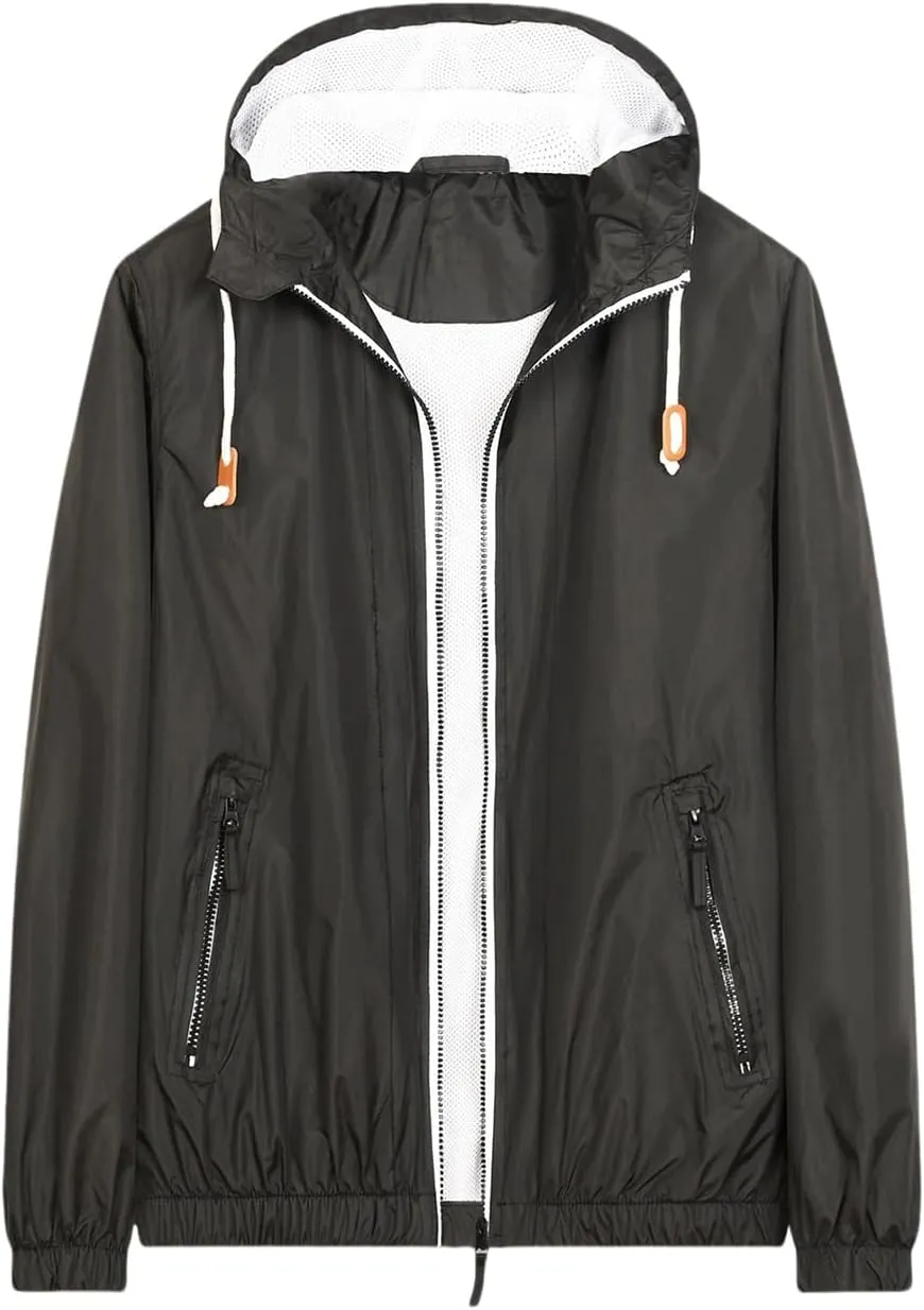 Mens Zip Up Jackets Hooded Waterproof Retro Windbreakers Loose Coats Fashion Lapel Color Block Clothes with Pocket