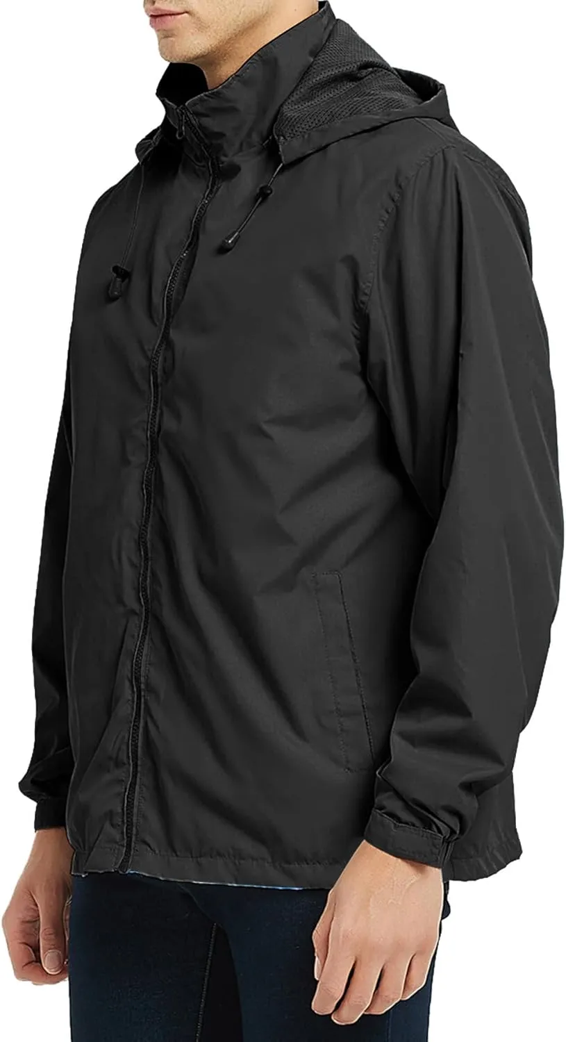 Mens Zip Up Jackets Hooded Waterproof Windbreakers Loose Coats Fashion Lapel Plain Clothes with Pocket 2024 New