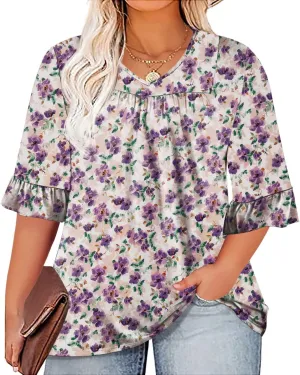 Micoson Womens Plus Size Tops 3/4 Ruffle Sleeve Shirt Casual V Neck Pleated T Shirt Loose Fit Tunic Blouse(1X-5X)