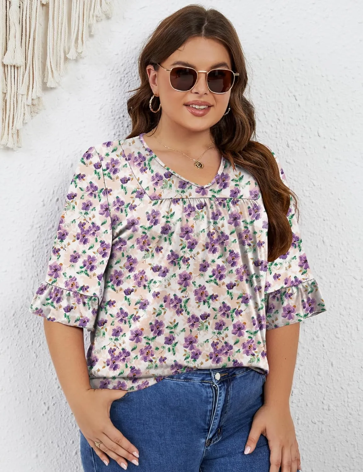 Micoson Womens Plus Size Tops 3/4 Ruffle Sleeve Shirt Casual V Neck Pleated T Shirt Loose Fit Tunic Blouse(1X-5X)