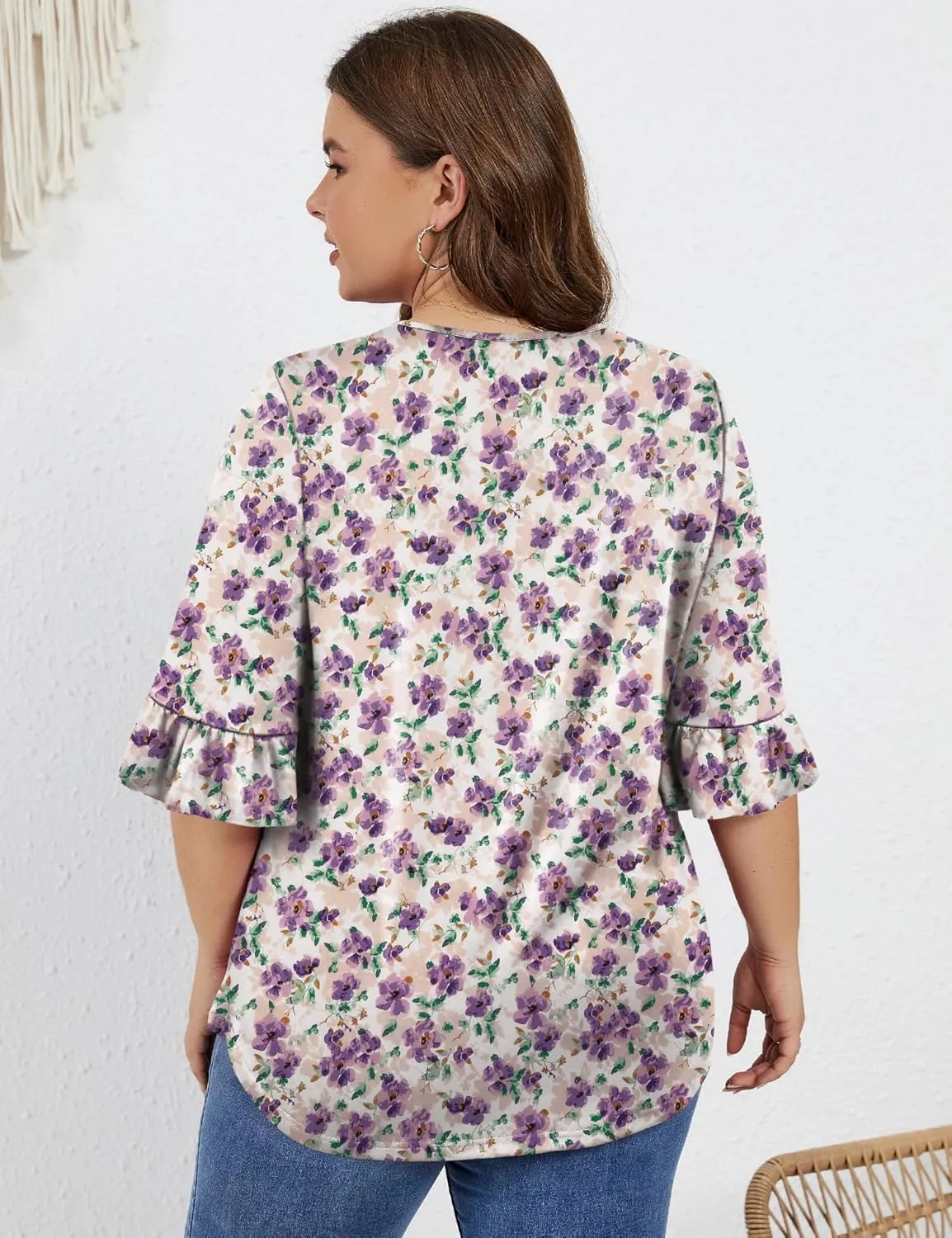 Micoson Womens Plus Size Tops 3/4 Ruffle Sleeve Shirt Casual V Neck Pleated T Shirt Loose Fit Tunic Blouse(1X-5X)