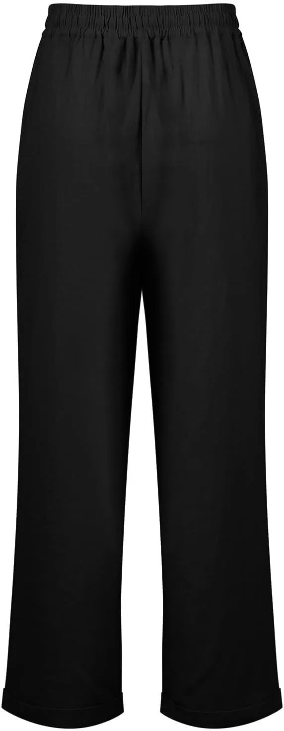 midelxp Plus Size Linen Pants for Women Summer Casual Boho Drawstring High Waisted Pants Loose Fit Vacation Lounge Pants