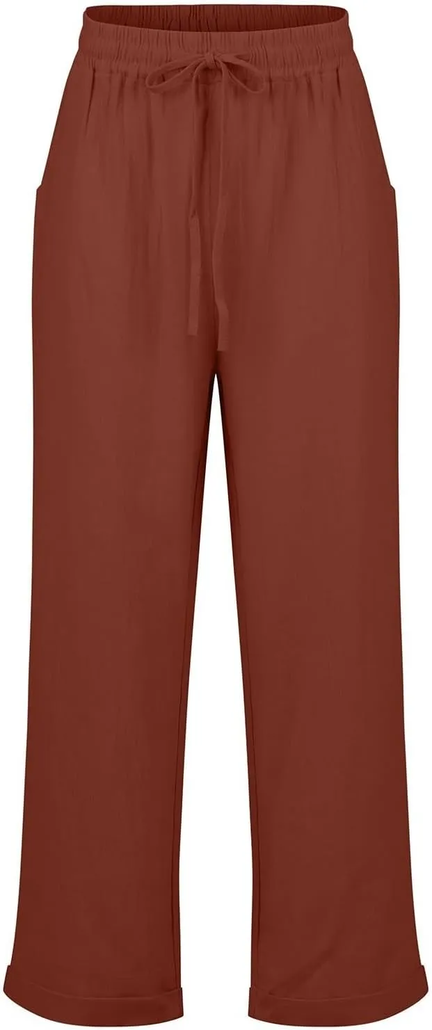 midelxp Plus Size Linen Pants for Women Summer Casual Boho Drawstring High Waisted Pants Loose Fit Vacation Lounge Pants