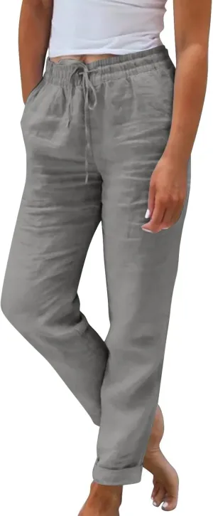 midelxp Plus Size Linen Pants for Women Summer Casual Boho Drawstring High Waisted Pants Loose Fit Vacation Lounge Pants