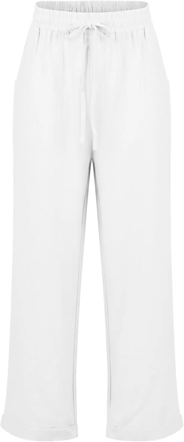midelxp Plus Size Linen Pants for Women Summer Casual Boho Drawstring High Waisted Pants Loose Fit Vacation Lounge Pants