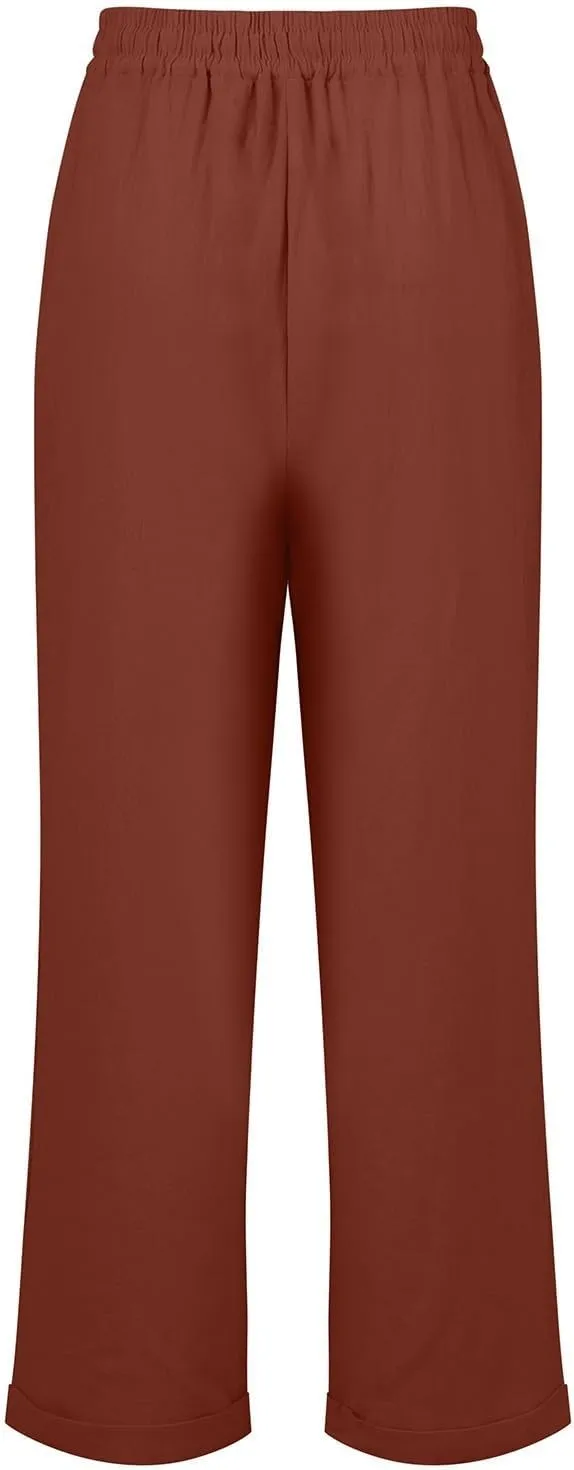 midelxp Plus Size Linen Pants for Women Summer Casual Boho Drawstring High Waisted Pants Loose Fit Vacation Lounge Pants