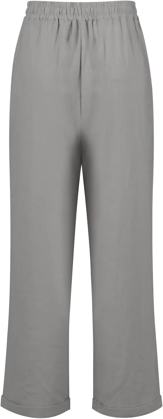 midelxp Plus Size Linen Pants for Women Summer Casual Boho Drawstring High Waisted Pants Loose Fit Vacation Lounge Pants