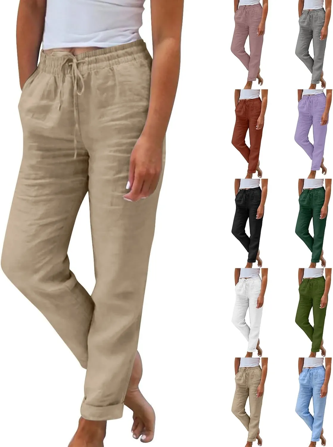 midelxp Plus Size Linen Pants for Women Summer Casual Boho Drawstring High Waisted Pants Loose Fit Vacation Lounge Pants
