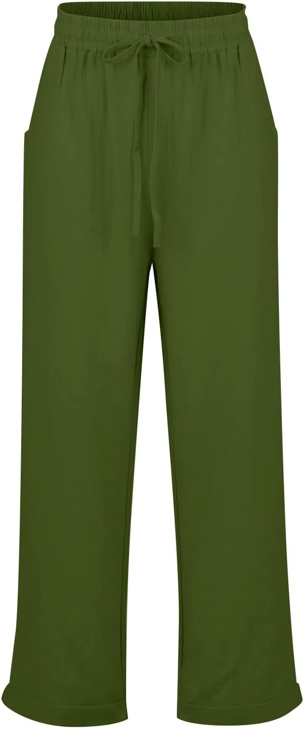 midelxp Plus Size Linen Pants for Women Summer Casual Boho Drawstring High Waisted Pants Loose Fit Vacation Lounge Pants