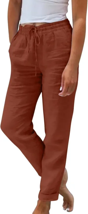 midelxp Plus Size Linen Pants for Women Summer Casual Boho Drawstring High Waisted Pants Loose Fit Vacation Lounge Pants