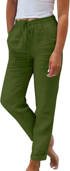 midelxp Plus Size Linen Pants for Women Summer Casual Boho Drawstring High Waisted Pants Loose Fit Vacation Lounge Pants