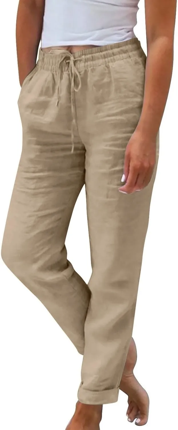 midelxp Plus Size Linen Pants for Women Summer Casual Boho Drawstring High Waisted Pants Loose Fit Vacation Lounge Pants