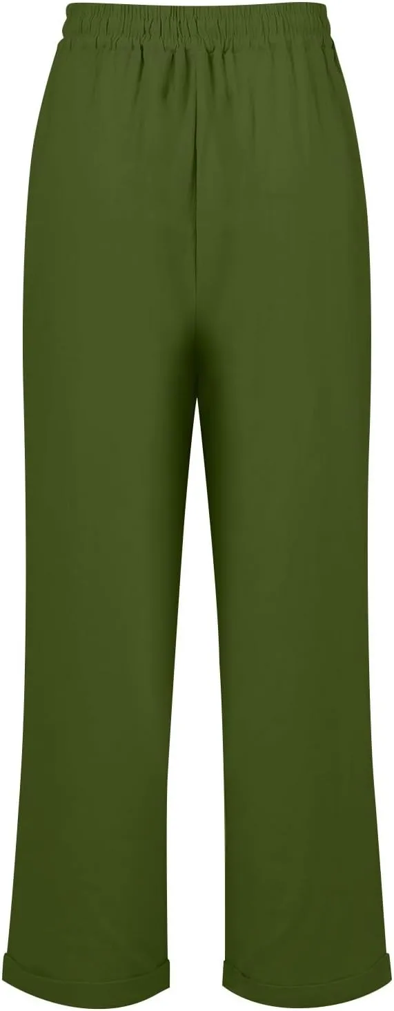 midelxp Plus Size Linen Pants for Women Summer Casual Boho Drawstring High Waisted Pants Loose Fit Vacation Lounge Pants