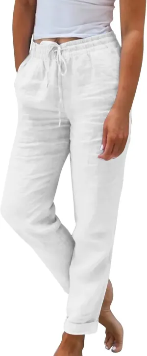 midelxp Plus Size Linen Pants for Women Summer Casual Boho Drawstring High Waisted Pants Loose Fit Vacation Lounge Pants