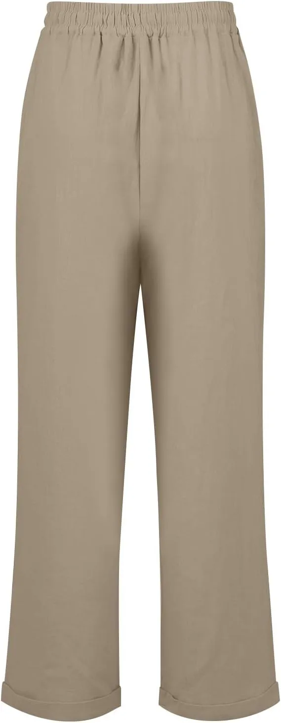 midelxp Plus Size Linen Pants for Women Summer Casual Boho Drawstring High Waisted Pants Loose Fit Vacation Lounge Pants