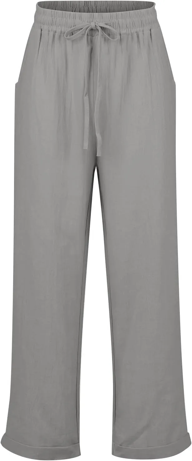 midelxp Plus Size Linen Pants for Women Summer Casual Boho Drawstring High Waisted Pants Loose Fit Vacation Lounge Pants