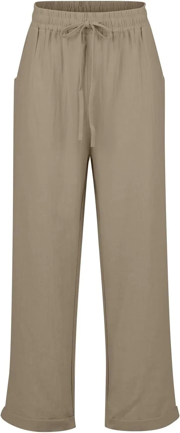 midelxp Plus Size Linen Pants for Women Summer Casual Boho Drawstring High Waisted Pants Loose Fit Vacation Lounge Pants