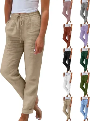 midelxp Plus Size Linen Pants for Women Summer Casual Boho Drawstring High Waisted Pants Loose Fit Vacation Lounge Pants