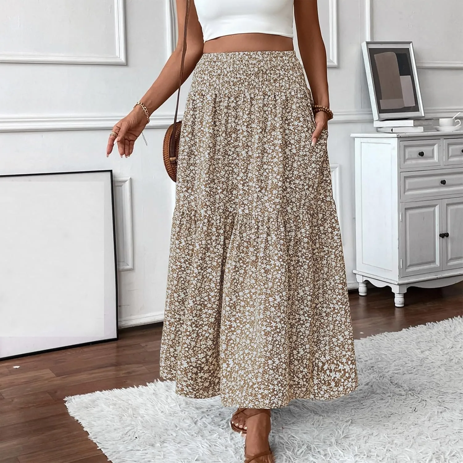 Midi Skirt,Flowy Long Skirts for Women 2025 Elastic High Waisted Pleated Womens Boho Maxi Skirt with Pockets Summer