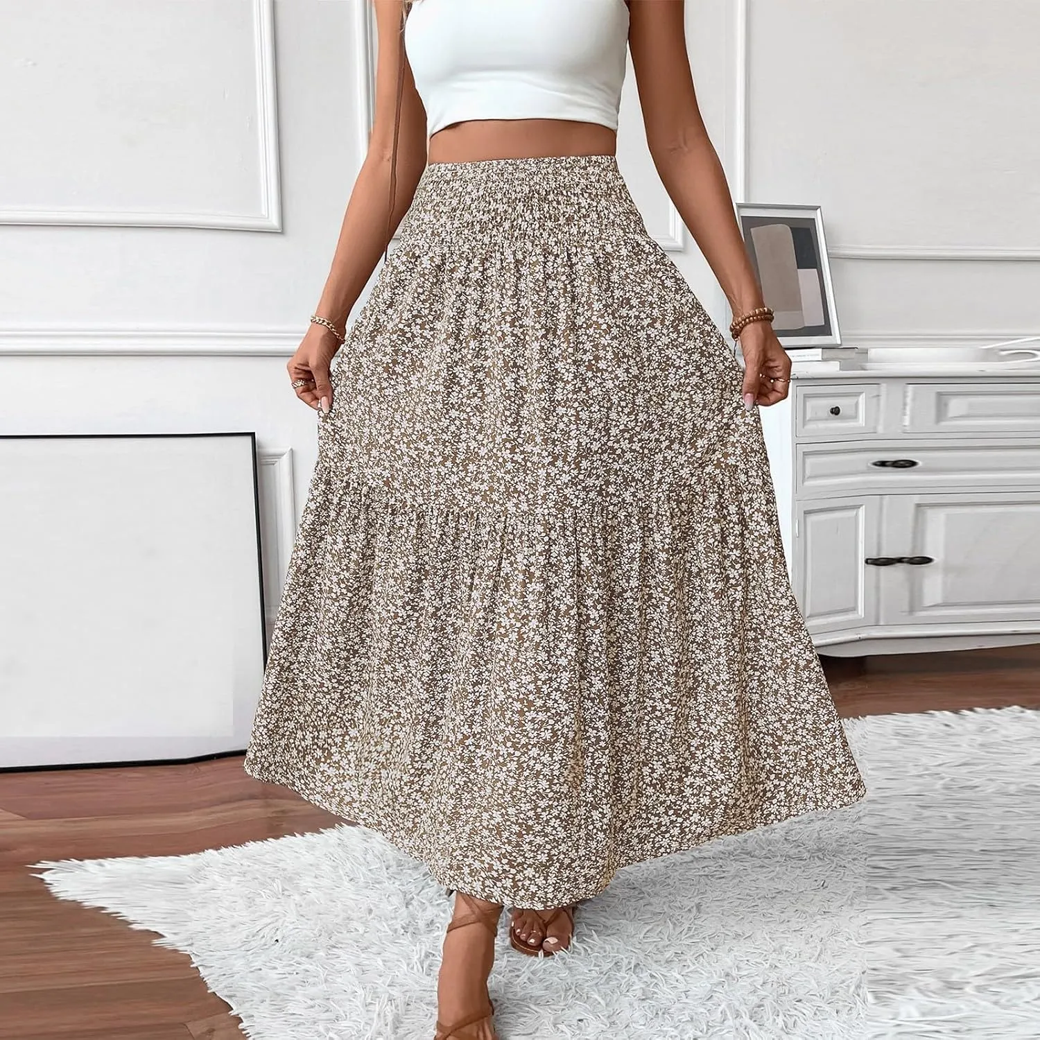 Midi Skirt,Flowy Long Skirts for Women 2025 Elastic High Waisted Pleated Womens Boho Maxi Skirt with Pockets Summer