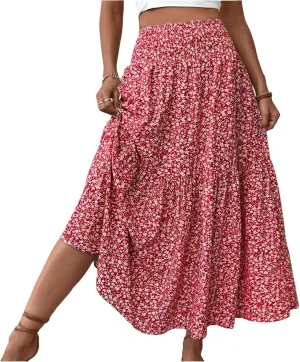 Midi Skirt,Flowy Long Skirts for Women 2025 Elastic High Waisted Pleated Womens Boho Maxi Skirt with Pockets Summer