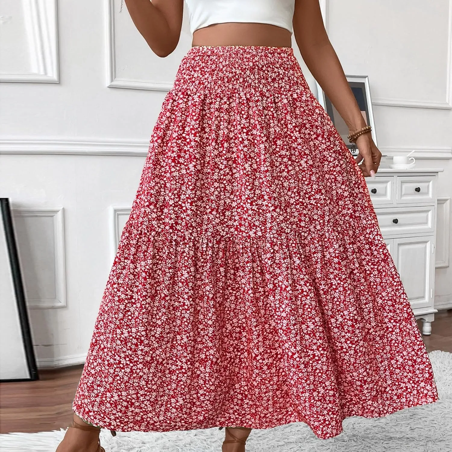 Midi Skirt,Flowy Long Skirts for Women 2025 Elastic High Waisted Pleated Womens Boho Maxi Skirt with Pockets Summer