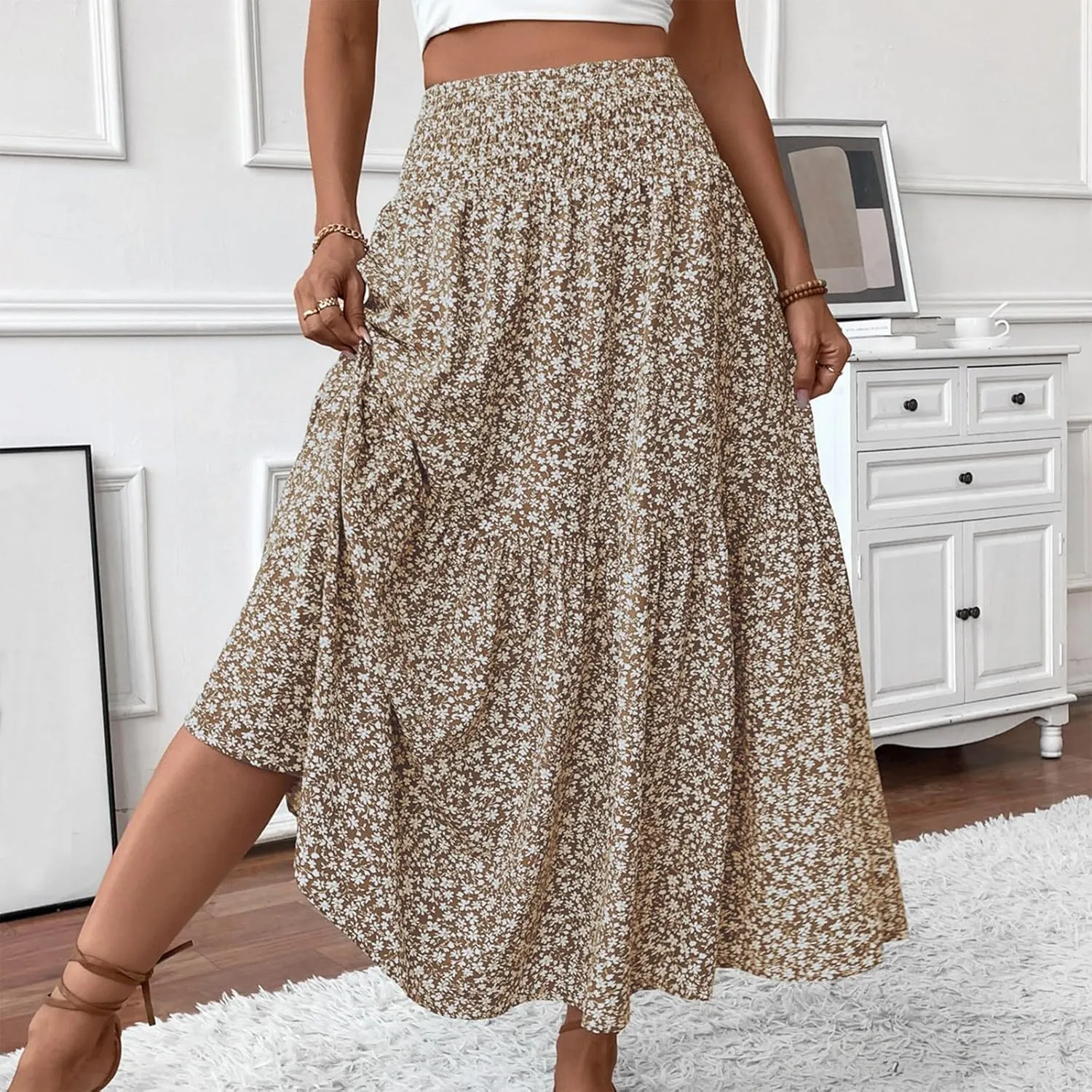 Midi Skirt,Flowy Long Skirts for Women 2025 Elastic High Waisted Pleated Womens Boho Maxi Skirt with Pockets Summer