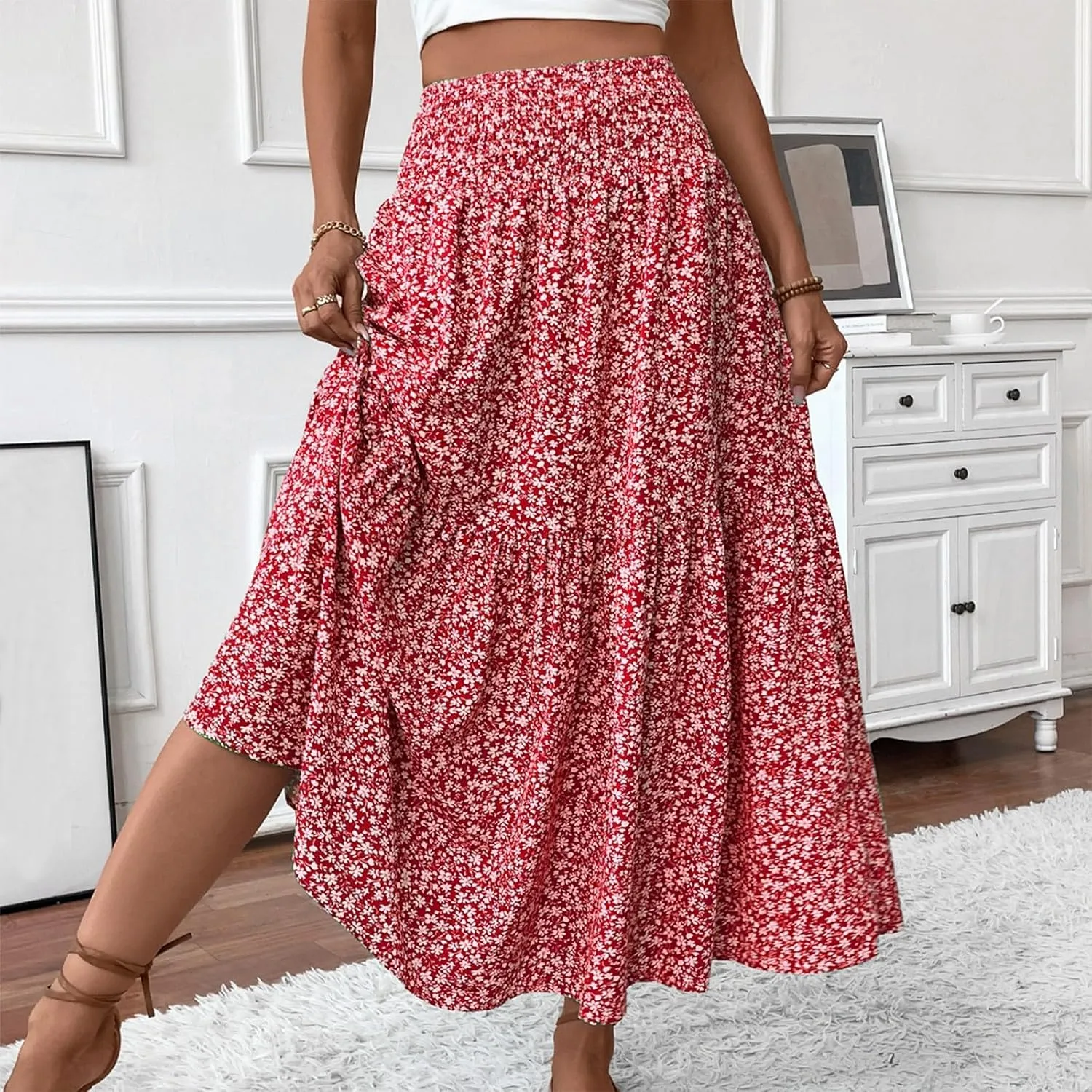 Midi Skirt,Flowy Long Skirts for Women 2025 Elastic High Waisted Pleated Womens Boho Maxi Skirt with Pockets Summer