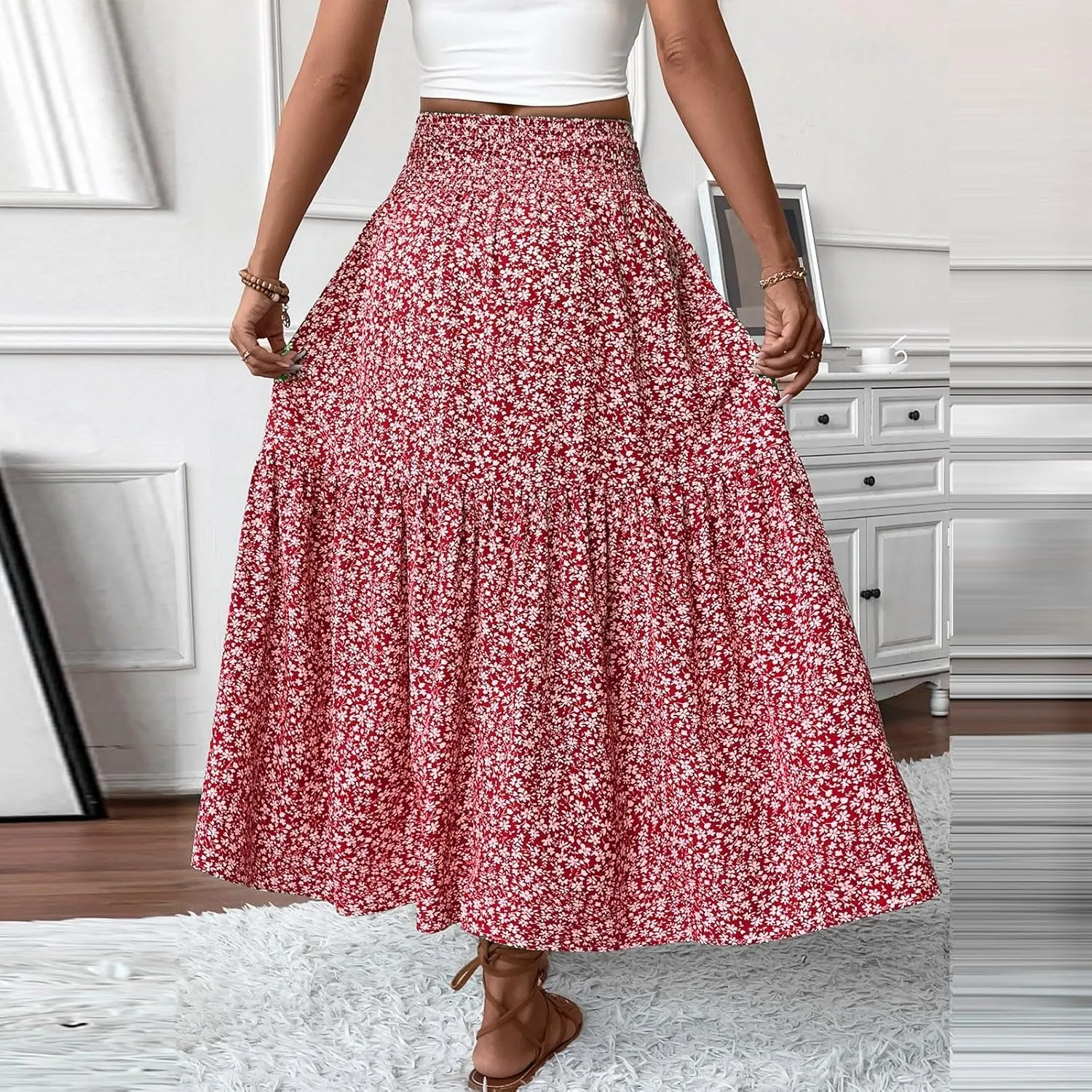 Midi Skirt,Flowy Long Skirts for Women 2025 Elastic High Waisted Pleated Womens Boho Maxi Skirt with Pockets Summer