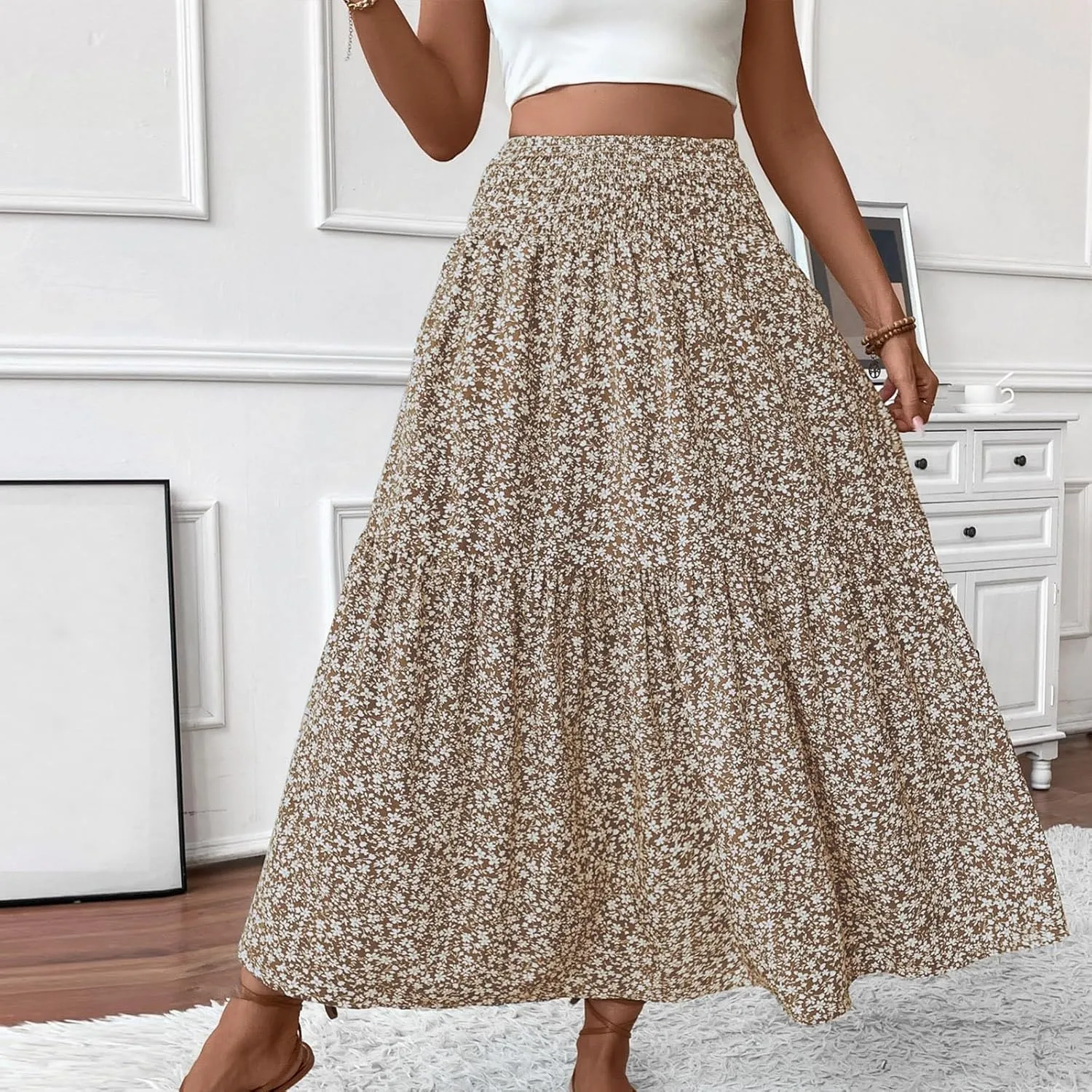 Midi Skirt,Flowy Long Skirts for Women 2025 Elastic High Waisted Pleated Womens Boho Maxi Skirt with Pockets Summer
