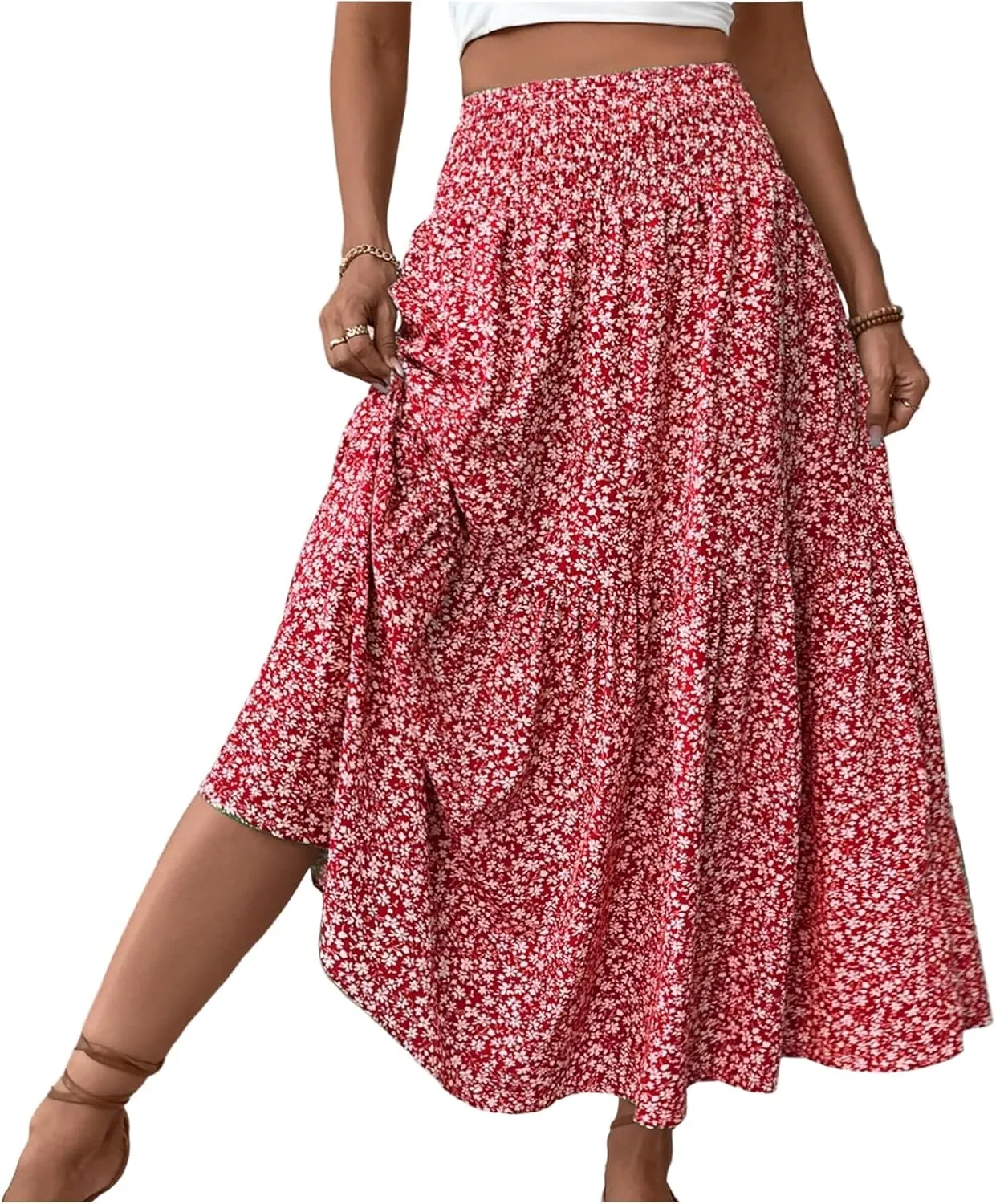 Midi Skirt,Flowy Long Skirts for Women 2025 Elastic High Waisted Pleated Womens Boho Maxi Skirt with Pockets Summer
