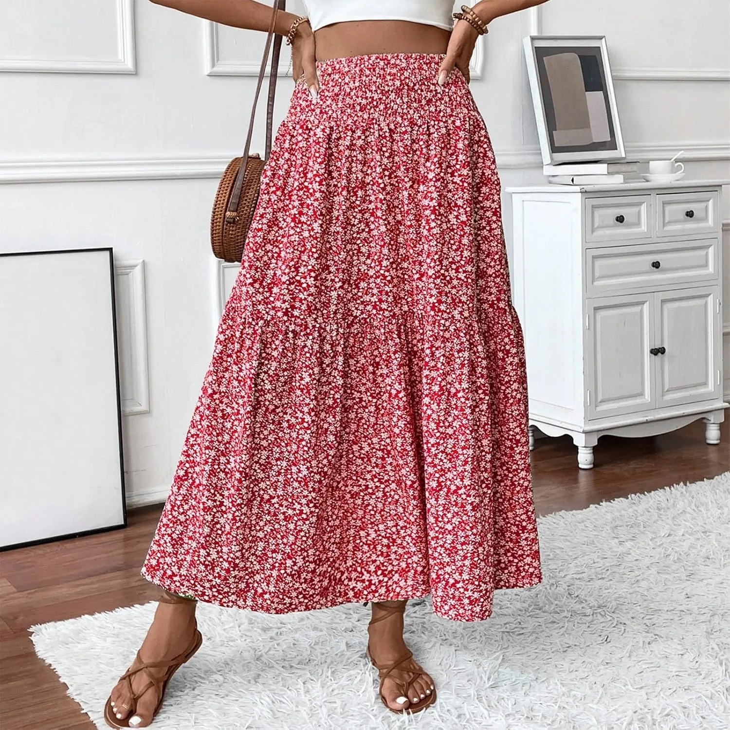 Midi Skirt,Flowy Long Skirts for Women 2025 Elastic High Waisted Pleated Womens Boho Maxi Skirt with Pockets Summer