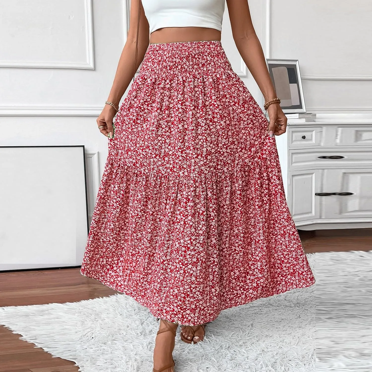 Midi Skirt,Flowy Long Skirts for Women 2025 Elastic High Waisted Pleated Womens Boho Maxi Skirt with Pockets Summer
