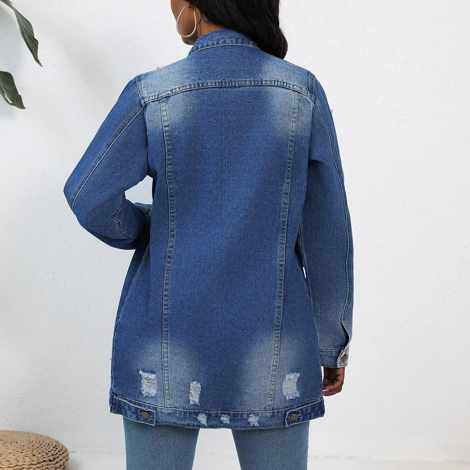 Mzkdieey Denim Jacket for Women Oversized Ripped Distressed Jean Jacket Casual Long Sleeve Button Down Boyfriend Jean Coat