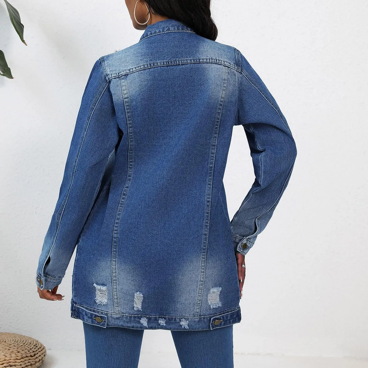 Mzkdieey Denim Jacket for Women Oversized Ripped Distressed Jean Jacket Casual Long Sleeve Button Down Boyfriend Jean Coat